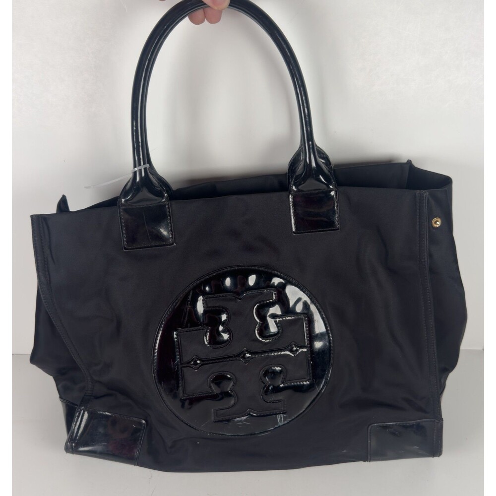 Tory Burch Black Ella Nylon Patent Leather Trim Tote Handbag Purse